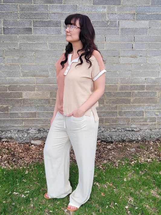 Ribbed Color Block Short Sleeve in Pink